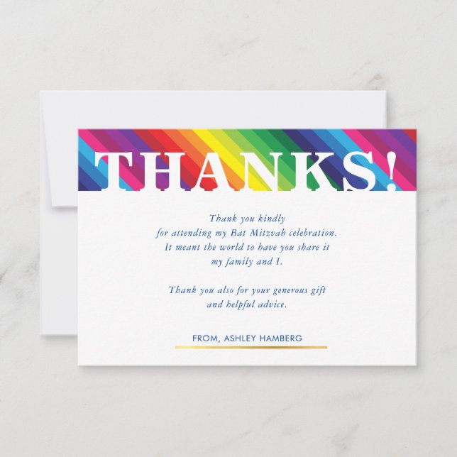 THANK YOU NOTE bright bold colourful rainbow strip RSVP Card (Front)