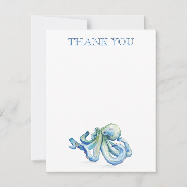 Thank You Note Card Blue Watercolor Octopus (Front)