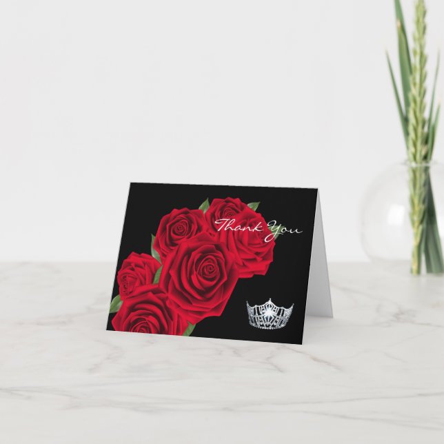 Thank You Note Card-Crown & Red Roses Card (Front)