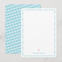 THANK YOU NOTE cute pretty check aqua blue heart