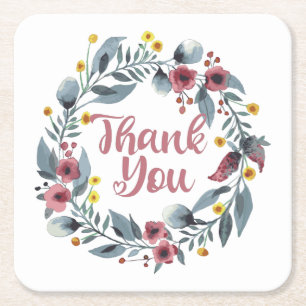 Thank You Note - Floral Handwritten Many Thanks Square Paper Coaster