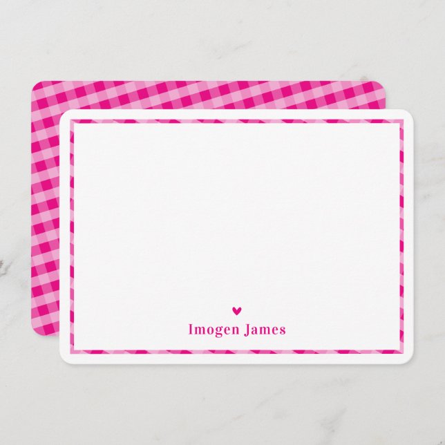 THANK YOU NOTE modern check heart cute hot pink (Front/Back)
