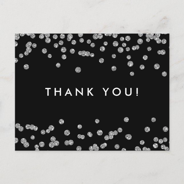 Thank You Note Silver Faux Glitter Confetti Black Postcard (Front)