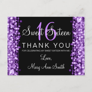 Thank You Note Sweet 16 Party Sparkles Purple Postcard