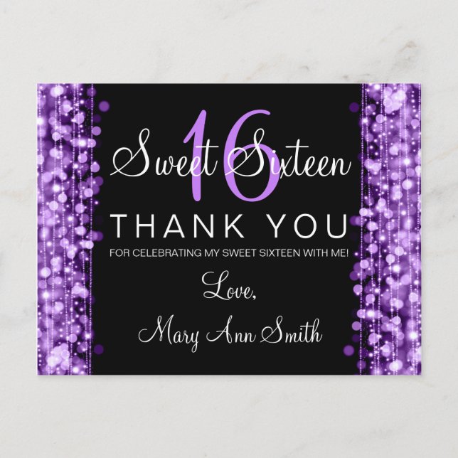 Thank You Note Sweet 16 Party Sparkles Purple Postcard (Front)