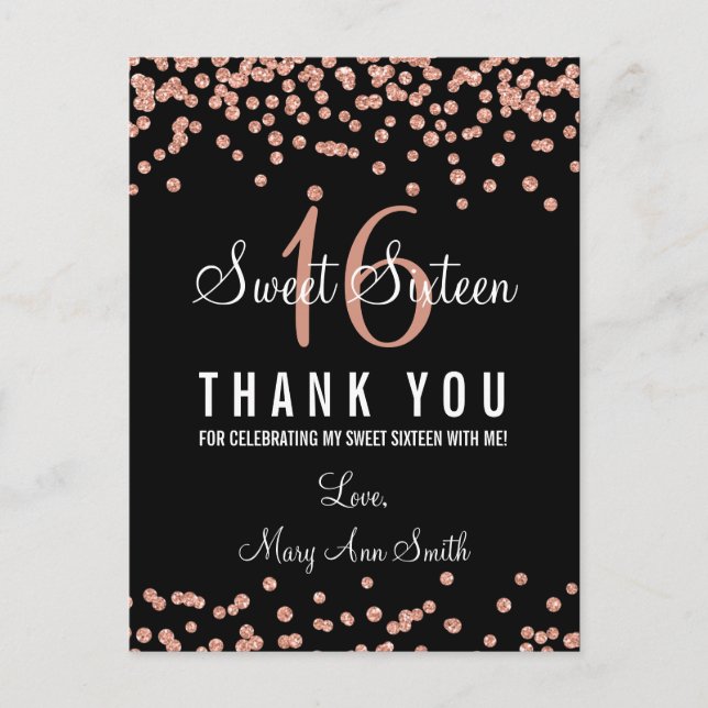Thank You Note Sweet 16 Rose Gold Glitter Confetti Postcard (Front)