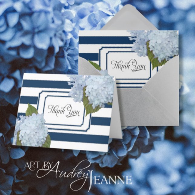 Thank You Notes Blue Hydrangea Floral Navy Striped (Creator Uploaded)