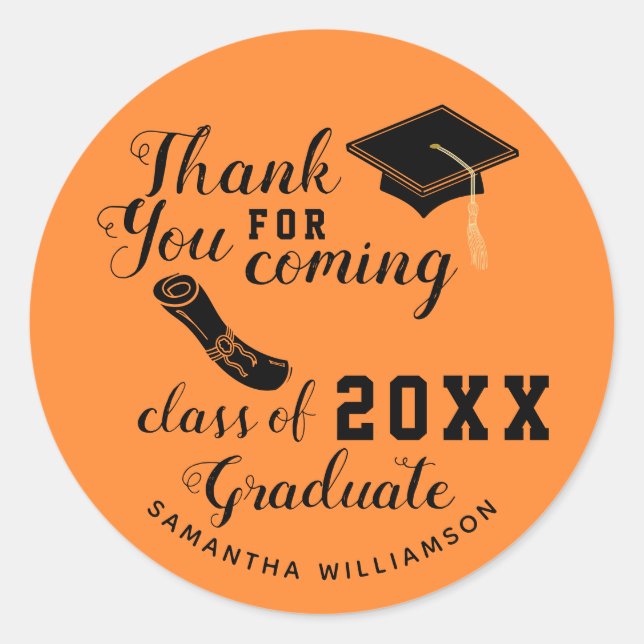 Thank You Orange and Black Class of 2025 Graduate Classic Round Sticker (Front)