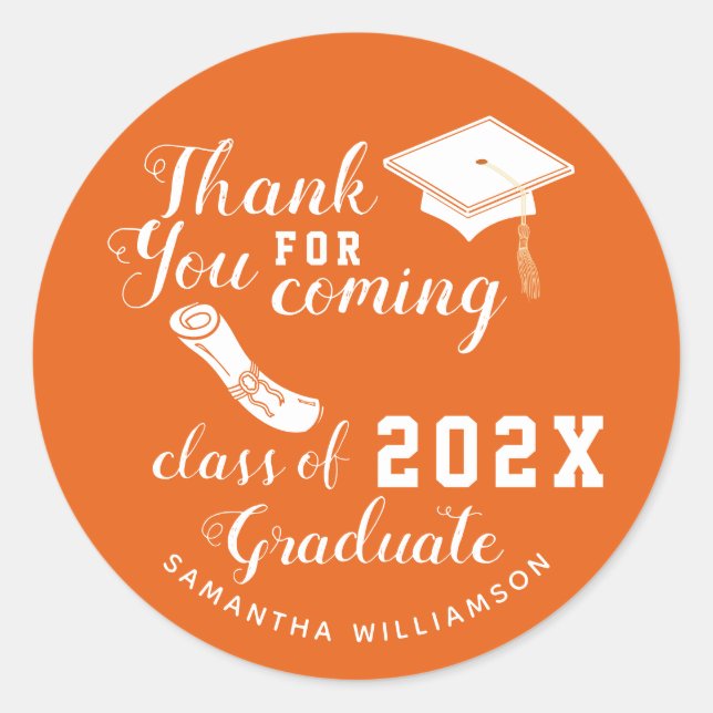Thank You Orange and White Class of 2025 Graduate Classic Round Sticker (Front)