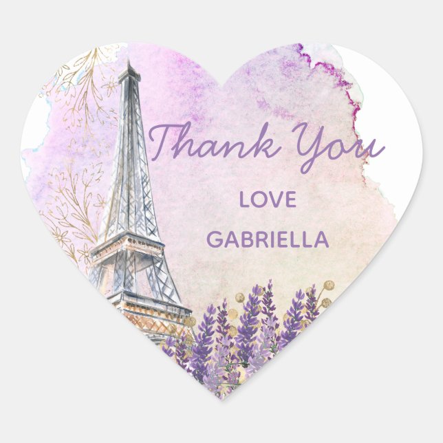 Thank You Paris Eiffel Tower Lavender Heart Sticker (Front)