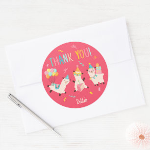 Thank You Party Animals Llama Birthday Girls Pink Classic Round Sticker