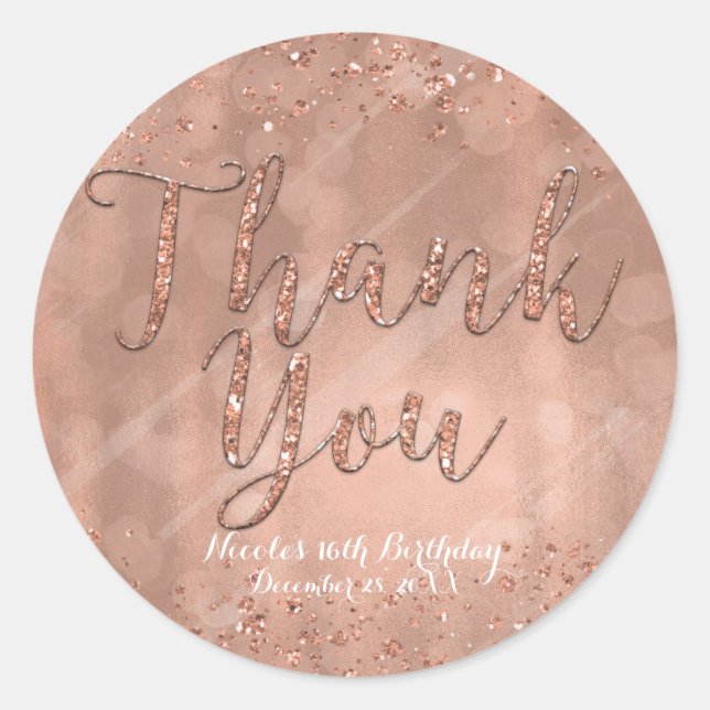 THANK YOU Party Pink Rose Gold Glamour Favour Classic Round Sticker (Front)