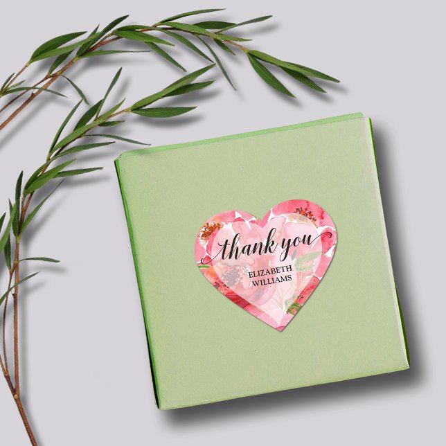 Thank You Peony Flowers Heart Sticker (1-1/2" heart stickers with your name and Thank You on pink and cream peony flowers)