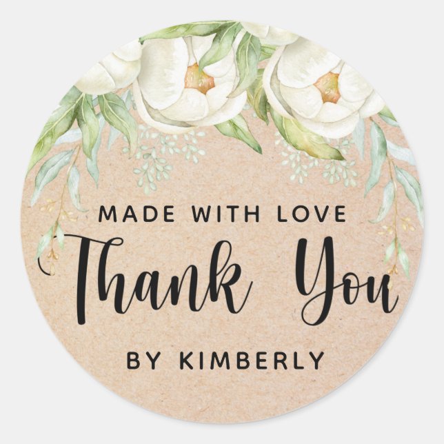 Thank You Peony Flowers Made with Love Classic Round Sticker (Front)