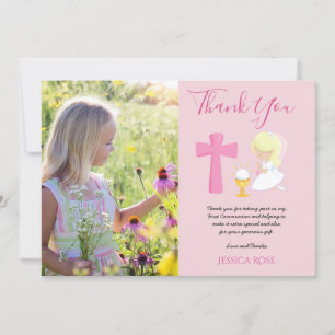 THANK YOU PHOTO 1st Communion - GIRL PINK Blonde Card