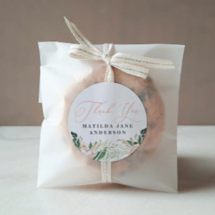 Thank you photo blush floral birth announcement classic round sticker
