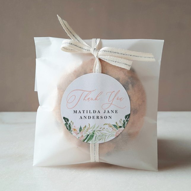 Thank you photo blush floral birth announcement classic round sticker (Creator Uploaded)