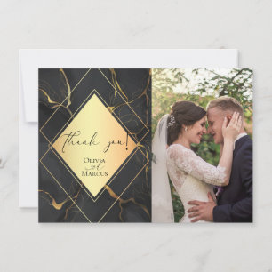 THANK YOU    PHOTO Elegant Black and Gold Marble Card
