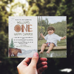 Thank You Photo Happy Camper<br><div class="desc">Cute and unique watercolor woodland,  bear - one happy camper- custom photo 1st birthday thank you card. Customisable!</div>