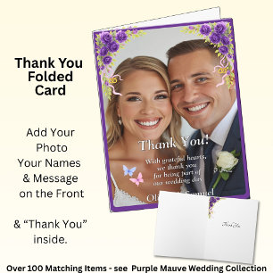 Thank You - Photo on Purple Mauve Flowers & White  Card