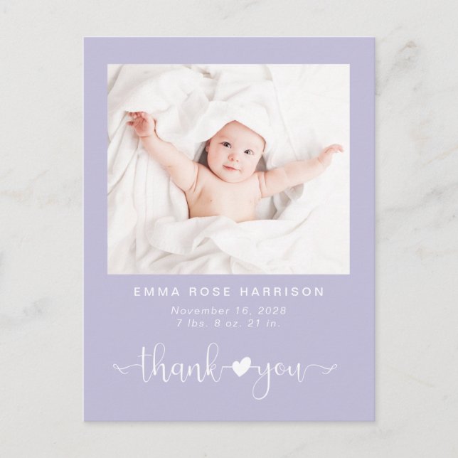Thank You Photo Purple Girl Birth Announcement Postcard (Front)