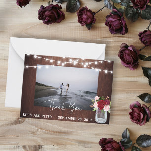Thank You Photo Wedding  Wood Burgundy Mason Jar Card