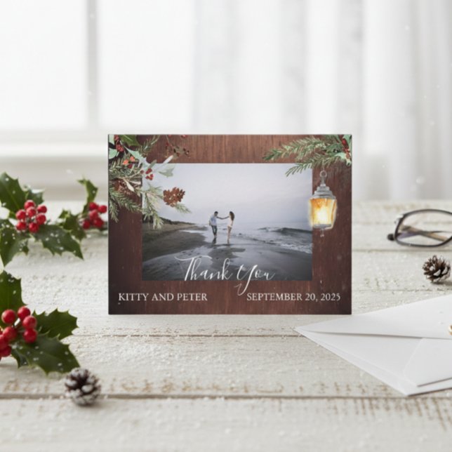 Thank You Photo Wedding Wood Winter Christmas  Card (Creator Uploaded)