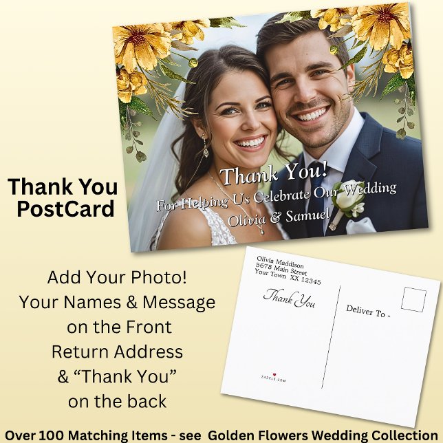 Thank You - Photo with Golden Flowers Wedding Set Announcement Postcard (Creator Uploaded)