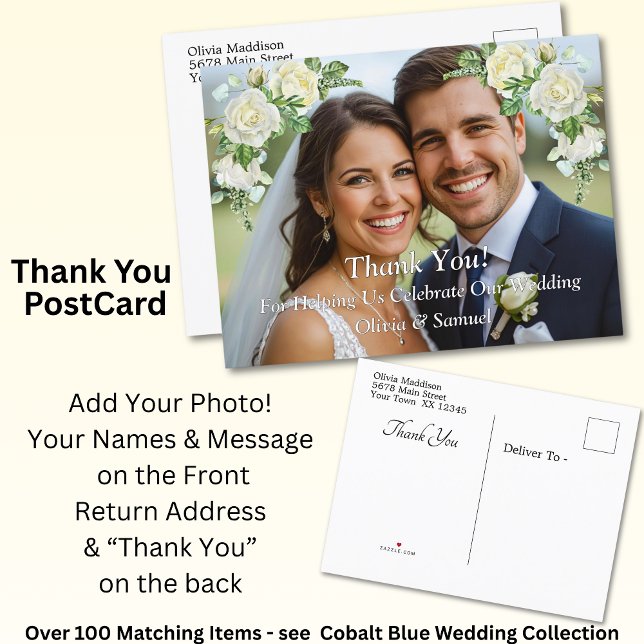 Thank You - Photo with White Roses Announcement Postcard (Creator Uploaded)