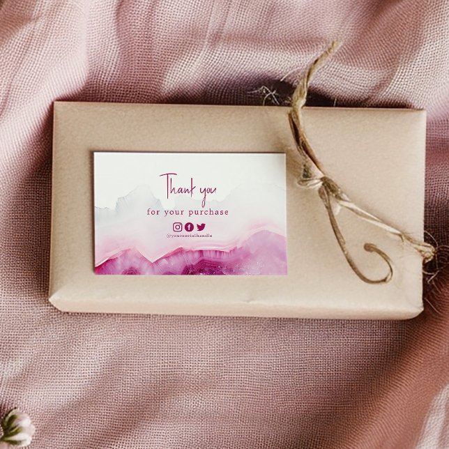 Thank you pink agate insert card social links (Pink agate effect enclosure card that says "Thank you for your purchase" and social media icons)