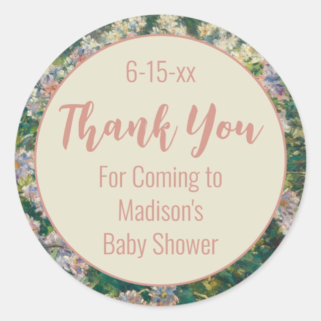 Thank You Pink and Green Floral Baby Shower Classic Round Sticker (Front)