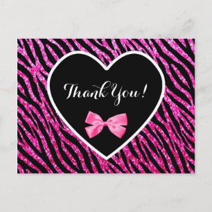 Thank You Pink Black Glam Zebra Faux Glitz Heart Postcard
