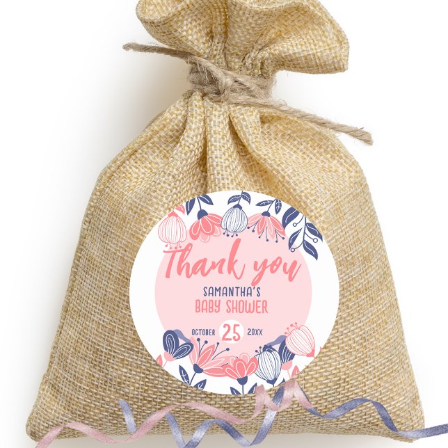 Thank You Pink Blue Flowers Botanical Baby Shower Classic Round Sticker (Creator Uploaded)