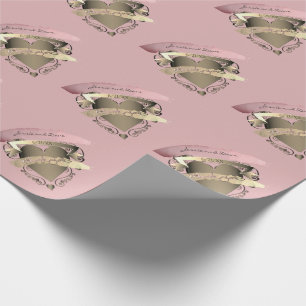 "Thank you" Pink Bronze Heart Emblem Wedding Wrapping Paper