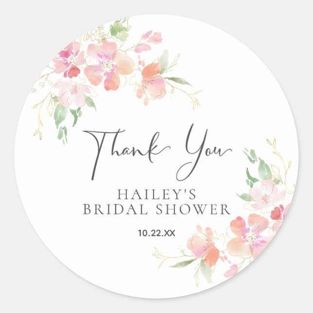 Thank You Pink Coral Floral Bridal Shower Classic Round Sticker (Front)