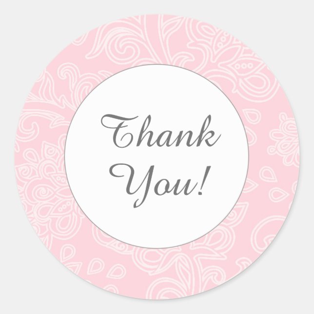 Thank you pink damask round favour stickers (Front)