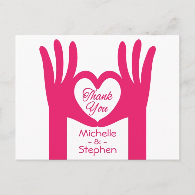 Thank You Pink Fuchsia Hand Heart Personalised Postcard (Front)