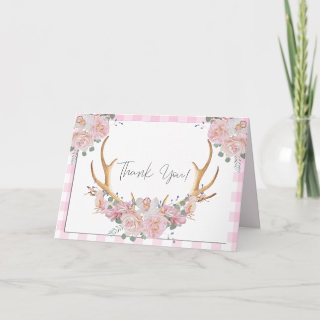 Thank You | Pink Gingham BOHO Floral Antlers (Front)