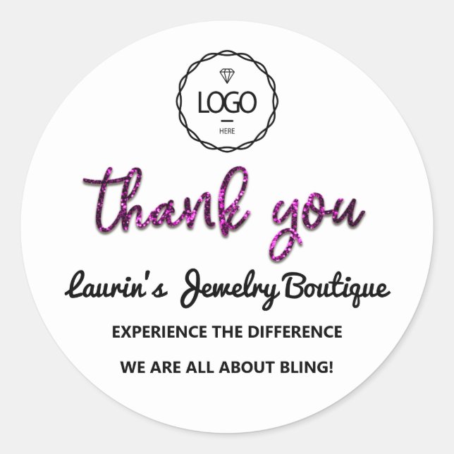 Thank You Pink Glitter Script Name Logo White   Classic Round Sticker (Front)