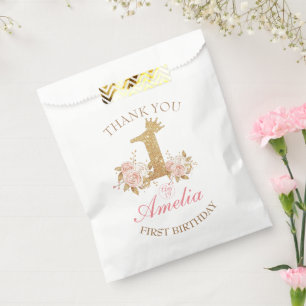 Thank you Pink Gold Crown Princess 1st Birthday Favour Bags