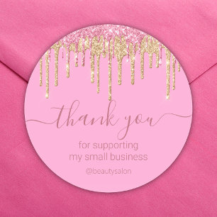 thank you pink gold dripping glitters business classic round sticker