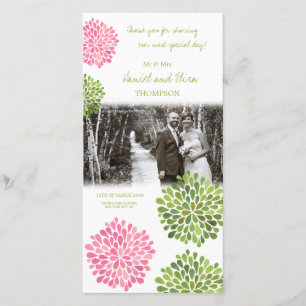 Thank You Pink & Green Blooms Wedding Photo Card