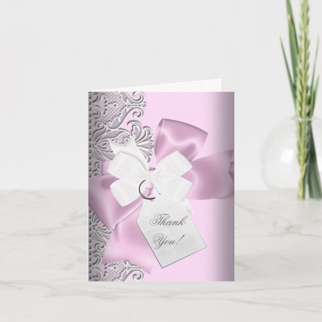 Thank You Pink Grey White Lace Card (Front)