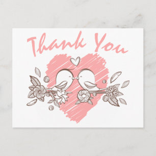 Thank You Pink Heart Lovebirds Wedding Postcard