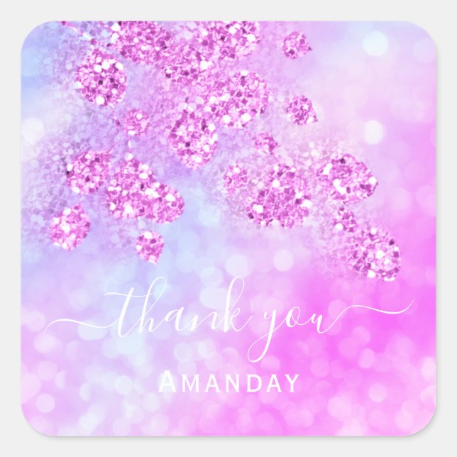 Thank You Pink Holographic Blue Floral 16th Square Sticker (Front)