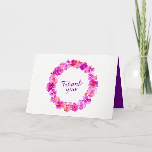 Thank you pink pansy watercolor photo wedding card (Front)