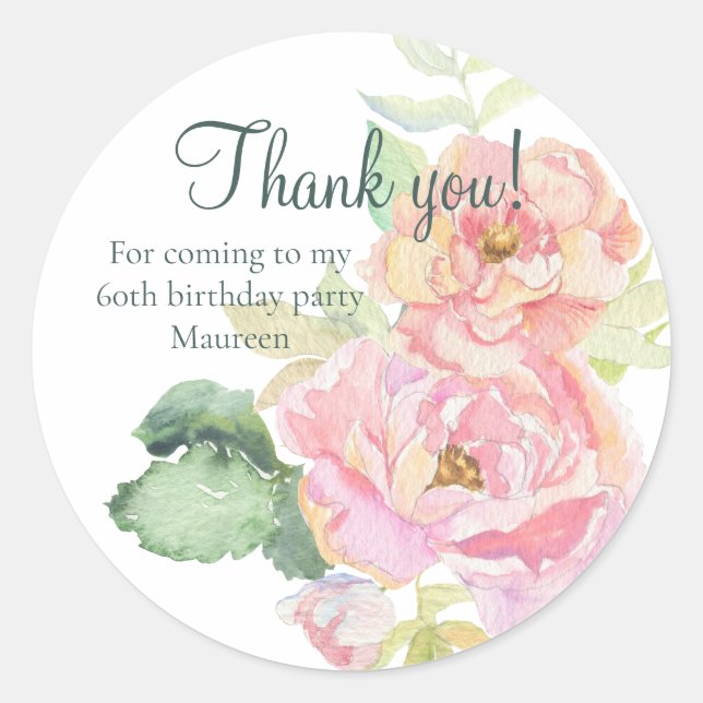 Thank You Pink Rose Floral Classic Round Sticker (Front)