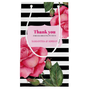 Thank you Pink Rose Watercolor Black White Stripes Small Gift Bag