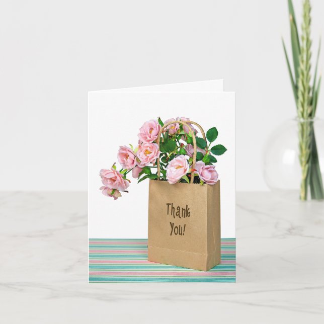 Thank You Pink Roses In Brown Bag Card (Front)