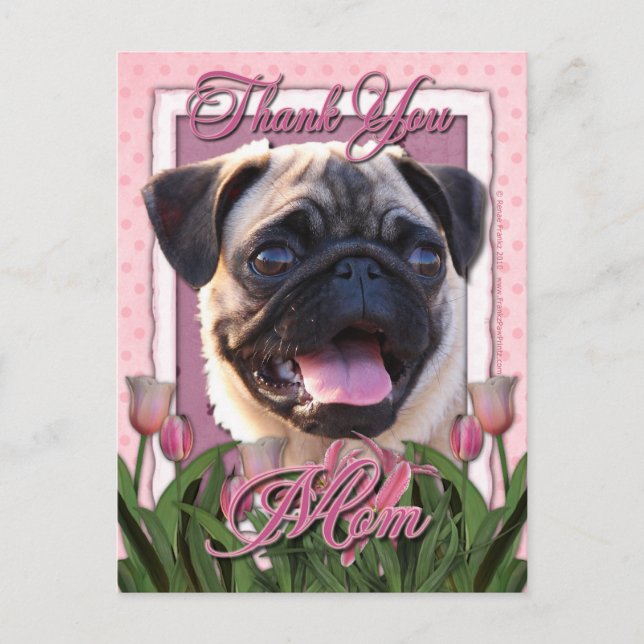 Thank You - Pink Tulips - Pug Postcard (Front)